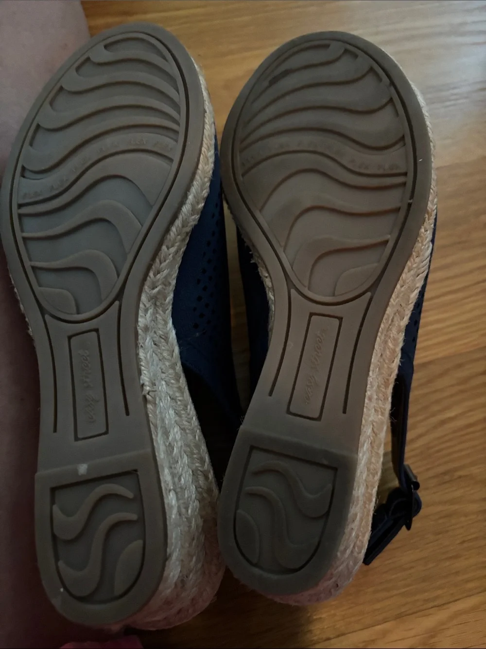 easy street navy perforated slingback wedge sandals with tan footbed